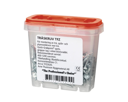 Träskruvar i plastlåda med rött lock