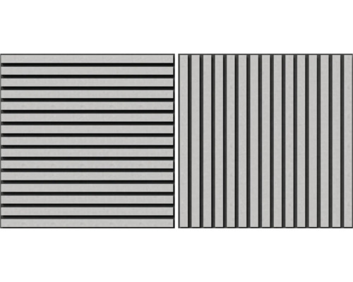 Akustikpanel FJORDWALL betonggrå 19x600x600mm 2-pack Två vyer av fasadbeklädnad med horisontell och vertikal orientering