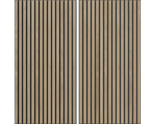 Två träpaneler med lamellstruktur för väggbeklädnad