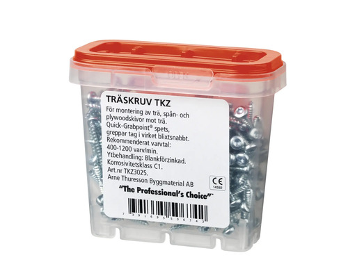 Träskruvar i transparent plastlåda med rött lock