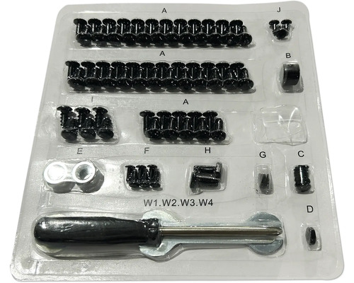 Sortiment med skruvar och verktyg i en transparent förpackning.