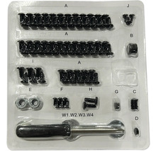 Fästmaterial inklusive skruvar, muttrar och verktyg i plastförpackning