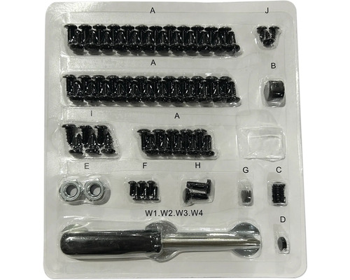 Fästmaterial inklusive skruvar, muttrar och verktyg i plastförpackning