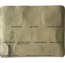 Sortiment med hjulaxlar, muttrar, skruvar, vingmuttrar, brickor, fjäderbrickor, skruvmejsel och skiftnyckel