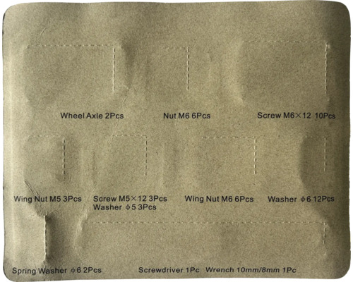 Sortiment med hjulaxlar, muttrar, skruvar, vingmuttrar, brickor, fjäderbrickor, skruvmejsel och skiftnyckel