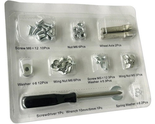 Verktygssats med skruvar, muttrar, brickor, hjulaxel, skruvmejsel och skiftnyckel i plastförpackning.