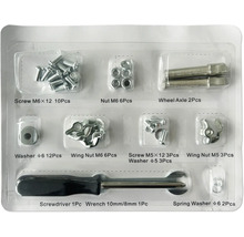 Fästsats med skruvar, muttrar, brickor, hjulaxel, skruvmejsel och skiftnyckel