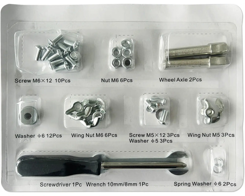 Fästsats med skruvar, muttrar, brickor, hjulaxel, skruvmejsel och skiftnyckel