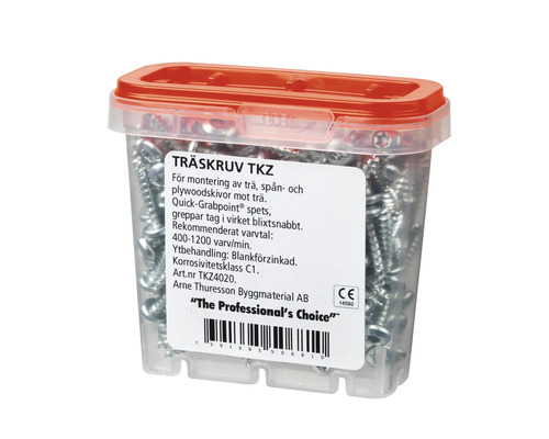 Träskruvar i transparent plastlåda med rött lock