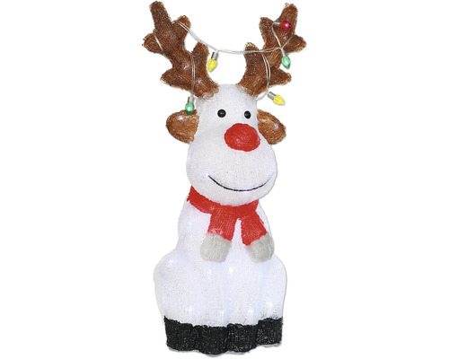 Julbelysning LAFIORA ren 60 kallvita LED 53cm inkl. 6h timer batteridriven Dekorativ renfigur med horn, ljusslinga och röd halsduk som juldekoration.