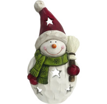 Dekorativ snögubbe med kvast och mössa