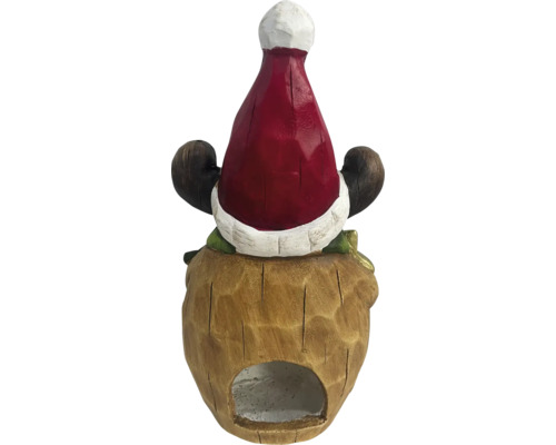 Dekorativ trädgårdstomtefigur med julmössa på trästubbe