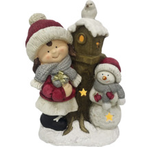 Dekorativ figur med flicka, snögubbe och fågelholk som juldekoration