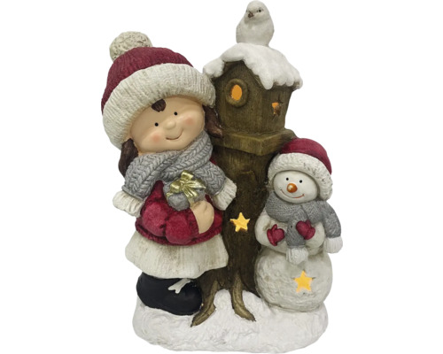 Dekorativ figur med flicka, snögubbe och fågelholk som juldekoration