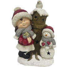 Dekorativ vinterfigurgrupp med flicka, snögubbe och fågelholk