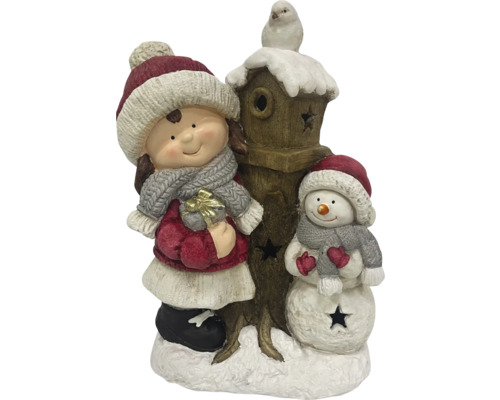 Dekorativ vinterfigurgrupp med flicka, snögubbe och fågelholk