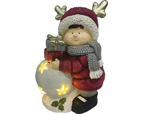 Dekorativ figur pojke med presenter och snögubbe med stjärnor