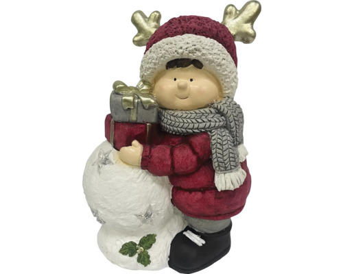 Juldekoration LAFIORA tjej med Julklapp 27x17x41,2cm röd Dekorationsfigur pojke med snögubbe och presenter