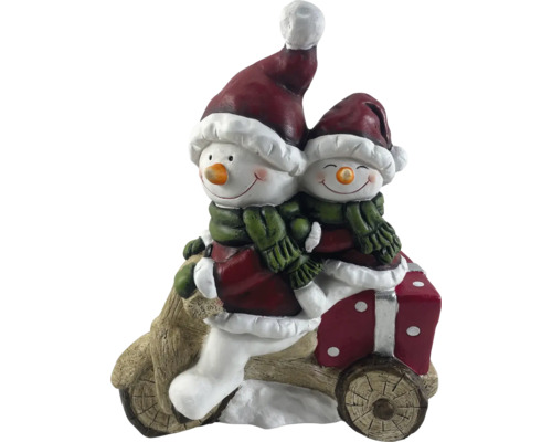 Dekorativ figur: Två snögubbar på träsläde med present