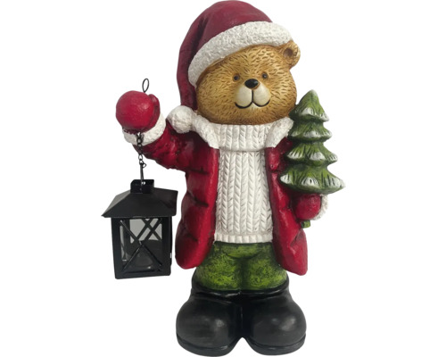 Teddybjörn som juldekoration med lykta och julgran