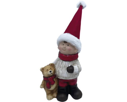 Juldekoration LAFIORA pojke med björn terrakotta 14x9,2x31cm Dekorativ figur pojke med teddybjörn och julmössa
