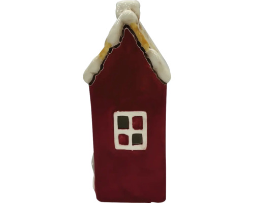 Dekorativ husfigur med fönster och snötäckt tak