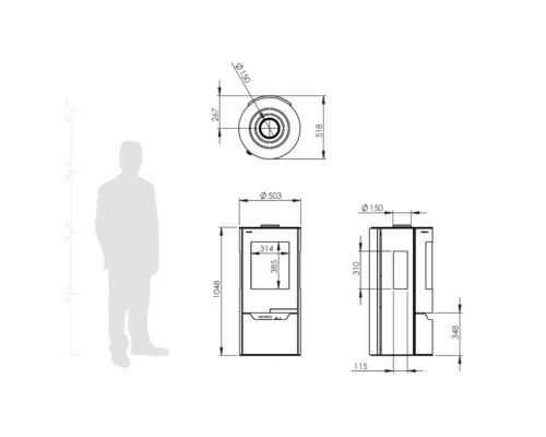 Teknisk ritning av en kamin med mått