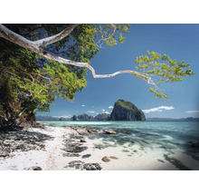 Landskap med tropisk strand, klippor och blå himmel