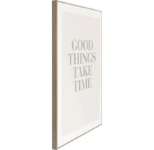 Inramad väggbild med texten Bra saker tar tid