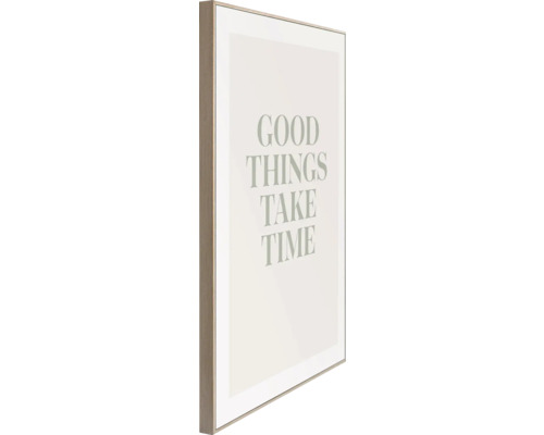 Inramad väggbild med texten Bra saker tar tid