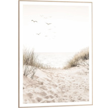 Inramad bild med strand, hav och måsar