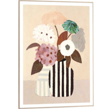 Målning med blomsterarrangemang i randiga vaser