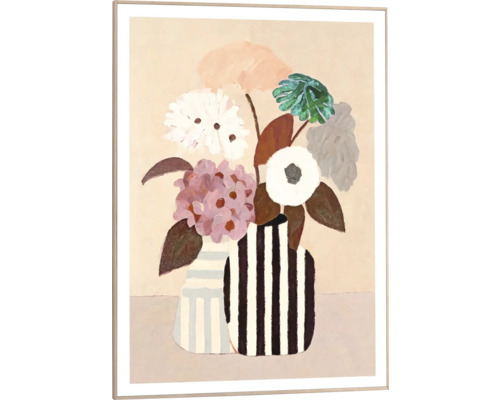 Målning med blomsterarrangemang i randiga vaser