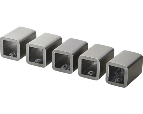 Fem fyrkantiga rörkopplingar i rostfritt stål
