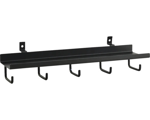 Svart vägghylla med krokar