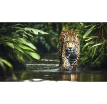 En jaguar korsar en flod, omgiven av tropisk vegetation