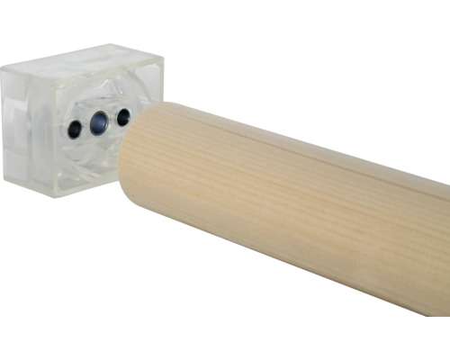Gardinstång i trä med transparent hållare