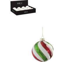 Mica Decorations Logo. Julgranskula med randigt mönster i rött, grönt och vitt, samt ett paket med vita julgranskulor.
