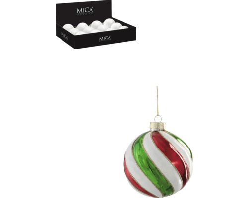 Mica Decorations Logo. Julgranskula med randigt mönster i rött, grönt och vitt, samt ett paket med vita julgranskulor.