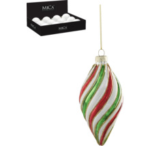 Julgransprydnad av glas med rött, grönt och vitt spiralmönster samt en låda med vita julgranskulor
