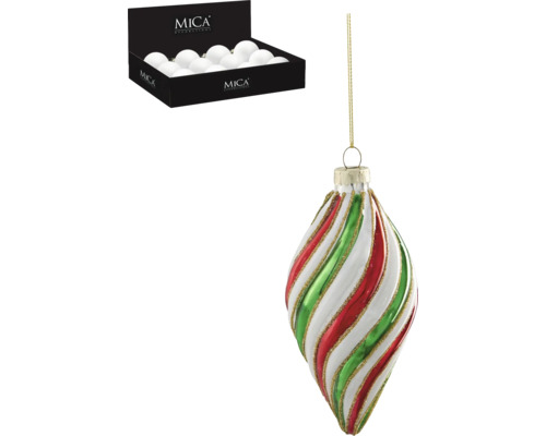 Julgransprydnad av glas med rött, grönt och vitt spiralmönster samt en låda med vita julgranskulor