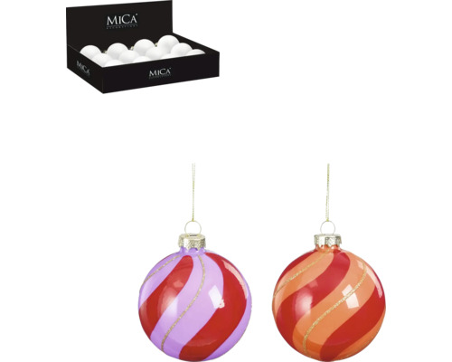 MICA Decorations julgranskulor med randigt mönster och en låda med julgranskulor