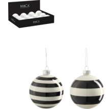 Dekorativa julgranskulor med randigt mönster i en displaylåda