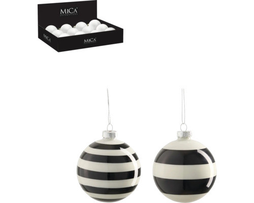 Dekorativa julgranskulor med randigt mönster i en displaylåda