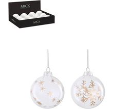 Dekorativa julgranskulor i glas med stjärn- och snöflingemotiv, inklusive presentationslåda