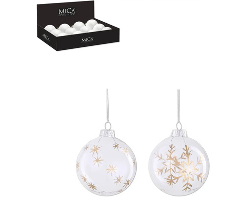 Julgranskula MICA snöflinga Ø8cm guld blandade utföranden Dekorativa julgranskulor i glas med stjärn- och snöflingemotiv, inklusive presentationslåda