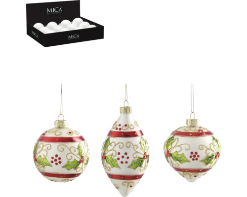 Dekorativa julkulor med mistelmotiv och en ask med julkulor