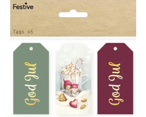 Hängetiketter god jul röd grön Festive presentetiketter med vintermotiv, 6 stycken