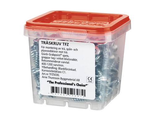 Träskruvar i en transparent plastlåda med rött lock