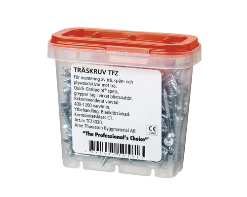 Träskruvar i transparent plastlåda med rött lock